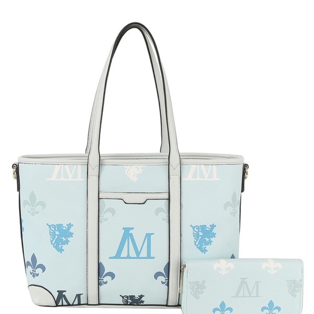 NWT! 2pc Set Stylish Light Blue Monogram Tote Bag with Matching Wallet